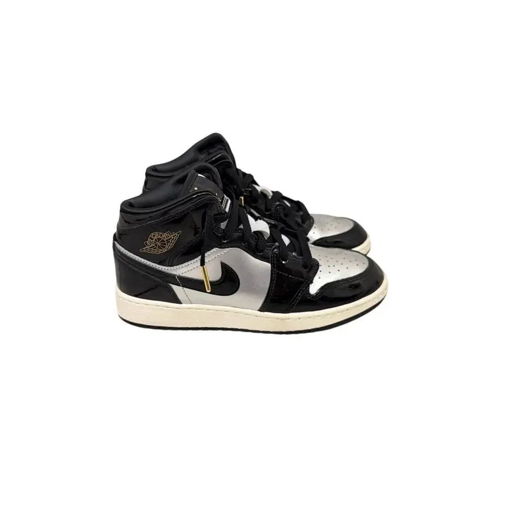 Nike Air Jordan 1 Mid SE GS 'Black Metallic Silver' Patent Leather Sneakers 5